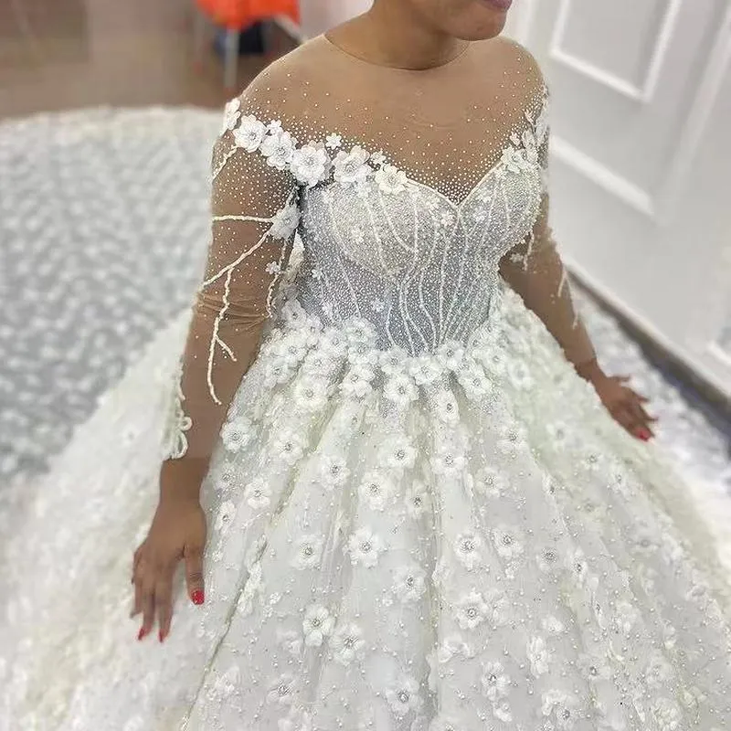 Великолепное свадебное платье с 3D-цветочным кружевом в арабском стиле 2022 года с бисером Свадебное платье больших размеров с жемчугом и церковным шлейфом с длинным рукавом Vestido De Novia 322