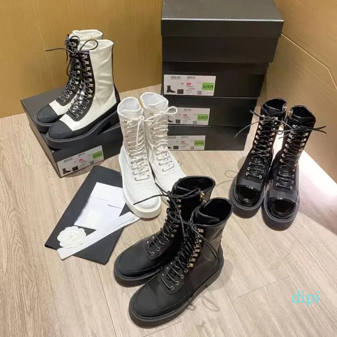 Thick soled boots leather lace up shoes combat boot chain buckle low heel Martin ankle luxury designer brand fashion