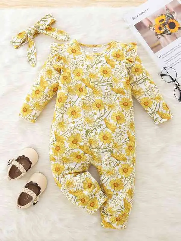 Baby Floral Print Ruffle Trim Jumpsuit SHE