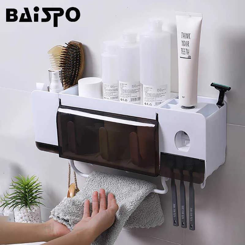 BAISPO Wall Mount Dust-proof Toothbrush Holder With Cups Automatic Toothpaste Squeezer Dispenser Bathroom Accessories Sets SH190919