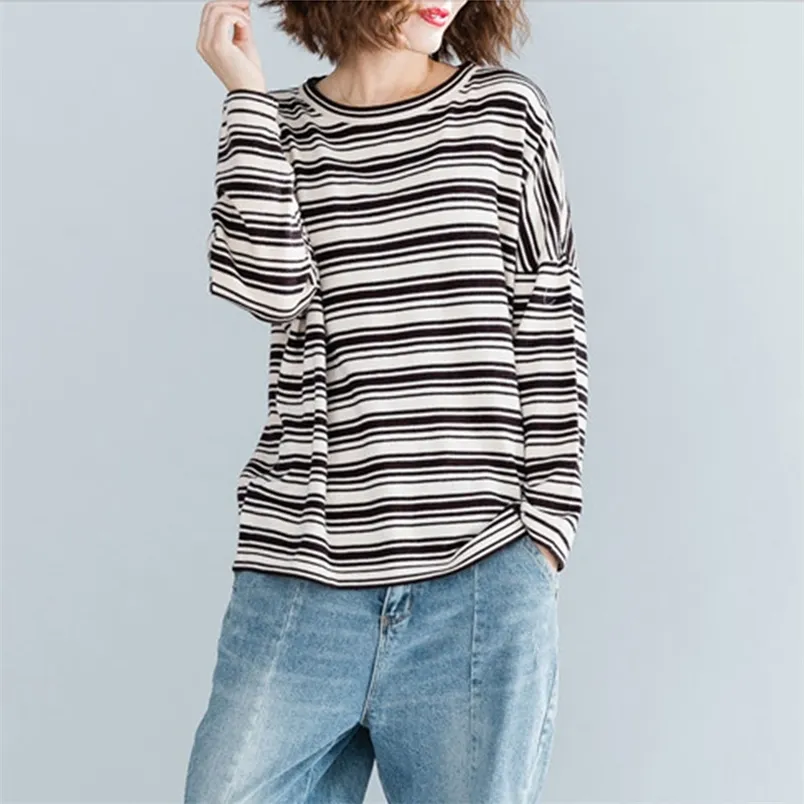 Spring Autumn Arts Style Women Long Sleeve O-neck Striped Knitted T-shirt All-matched Casual Tee Shirt Femme Loose Tops M578 210512