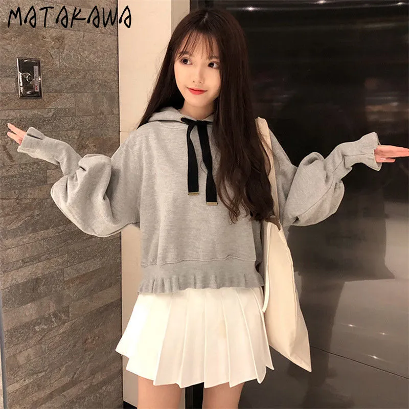 Matakawa Chic Hong Kong Style Sweat-shirt court Femmes Ins Lâche Coréenne Sweats à capuche Femmes BF Polaire Épaisse Veste à capuche 210513