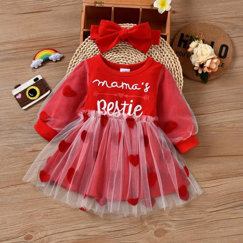 Girl's Dresses Autumn Winter Baby Long Sleeve Tutu Princess Dress Mama's Ie Letter Love Printes Infant Party + Headband
