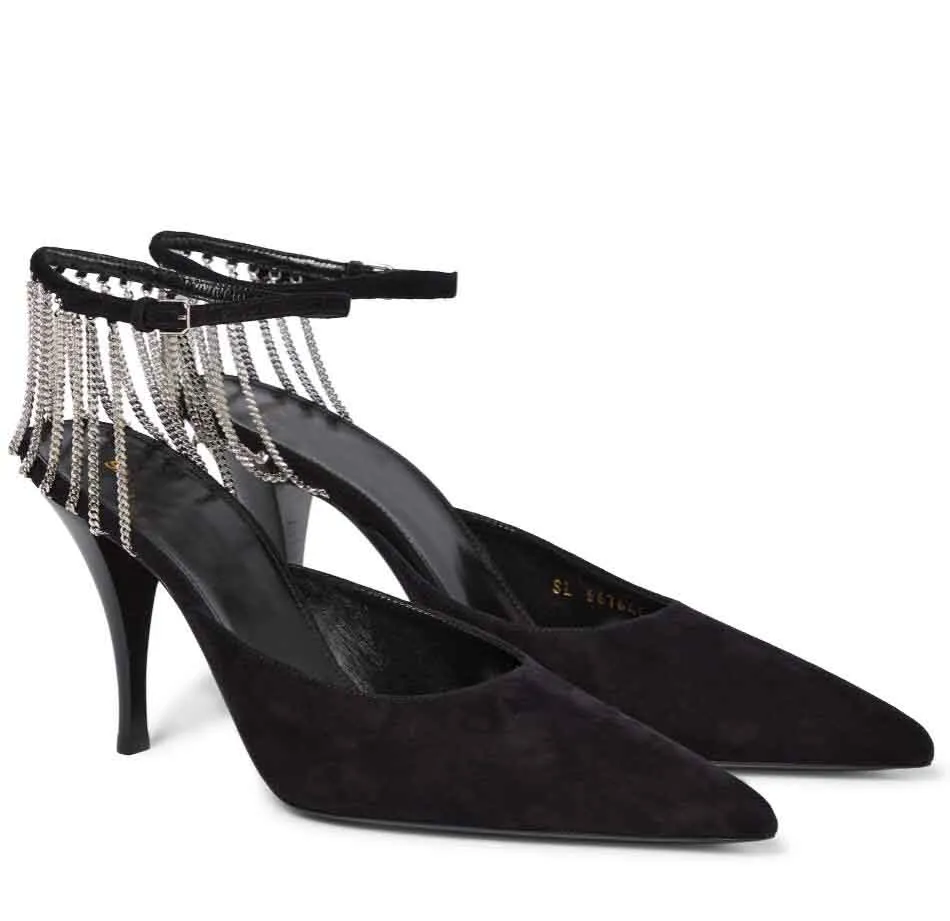 Eleganti sandali con cinturino Vesper Scarpe da donna Décolleté con punta in pelle scamosciata rifinita con catena Cinturini alla caviglia impreziositi da catena Tacchi alti da donna EU35-40