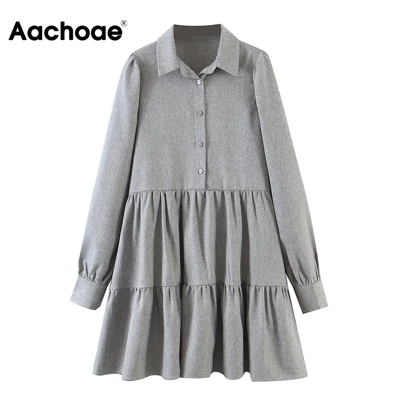 Casual Gris À Manches Longues Lâche Chemise Plissée Robe Col Rabattu Vintage Lady Mini Robes Robe De Mujer 210413