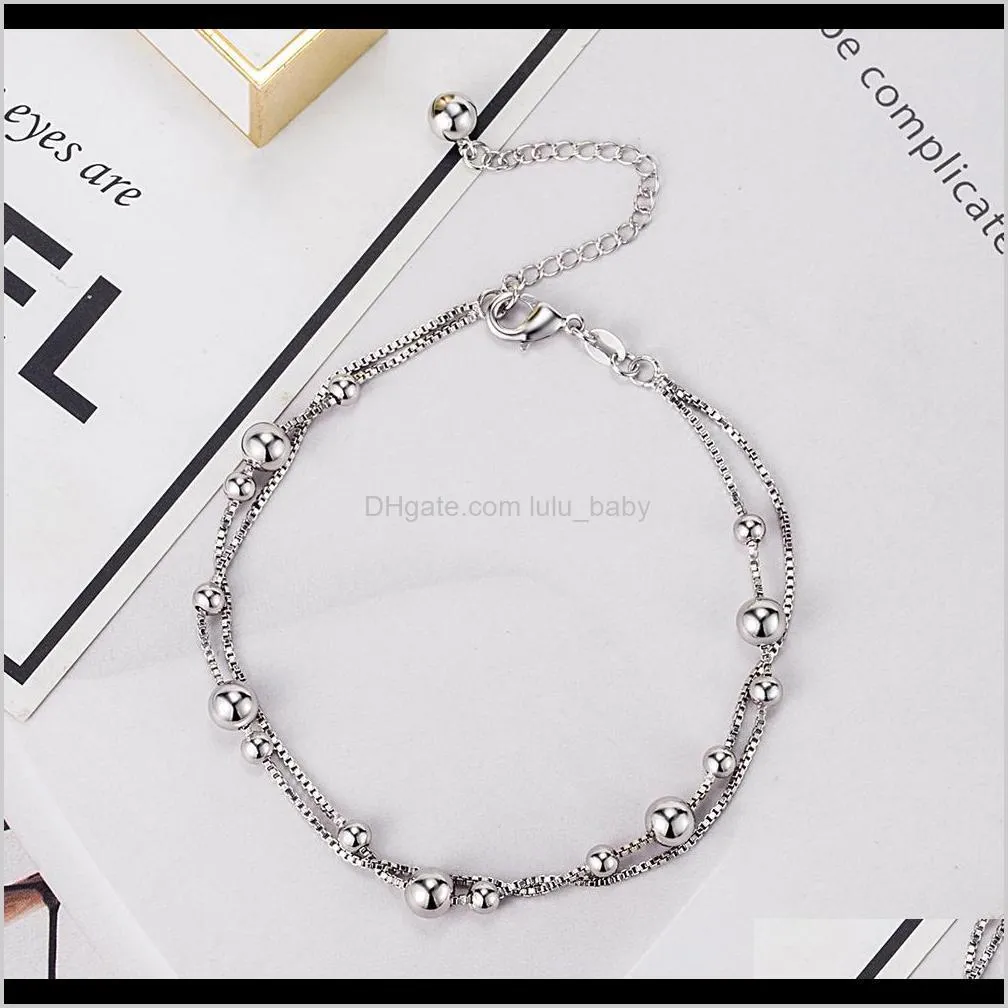 100% 925 sterling silver beach foot anklet for women bohemian simple double chain anklets summer bracelet on the leg jewelry f1219