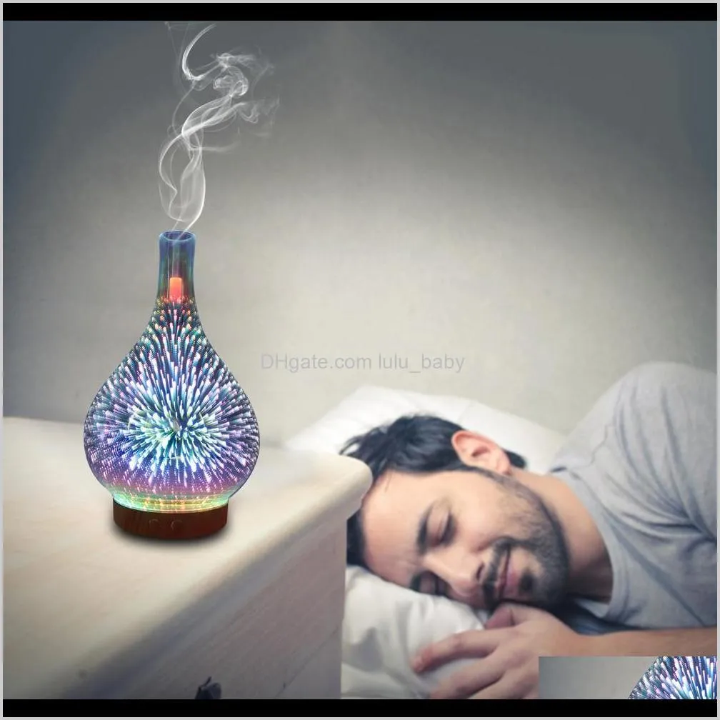 Mist Maker 1LZUZ Aromatherapy 8FIMF Ultraljud 3D Fyrverkeri Glas Vasform Luft med LED Night Light Arom Essential Oil Diffuser