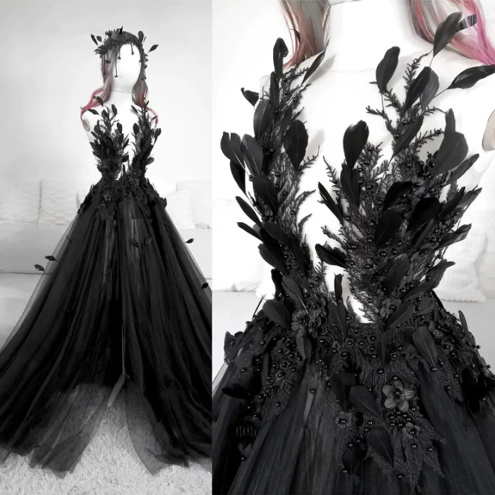 Gothic Black Wedding Dress Appliques Перо Жемчуг из бисера Винтаж Винтаж без спинки Высокая сторона Сплит Сплит / кисти Поезд A-Line Tulle Bride Платья Длинные Boho Beach Bridal Prays