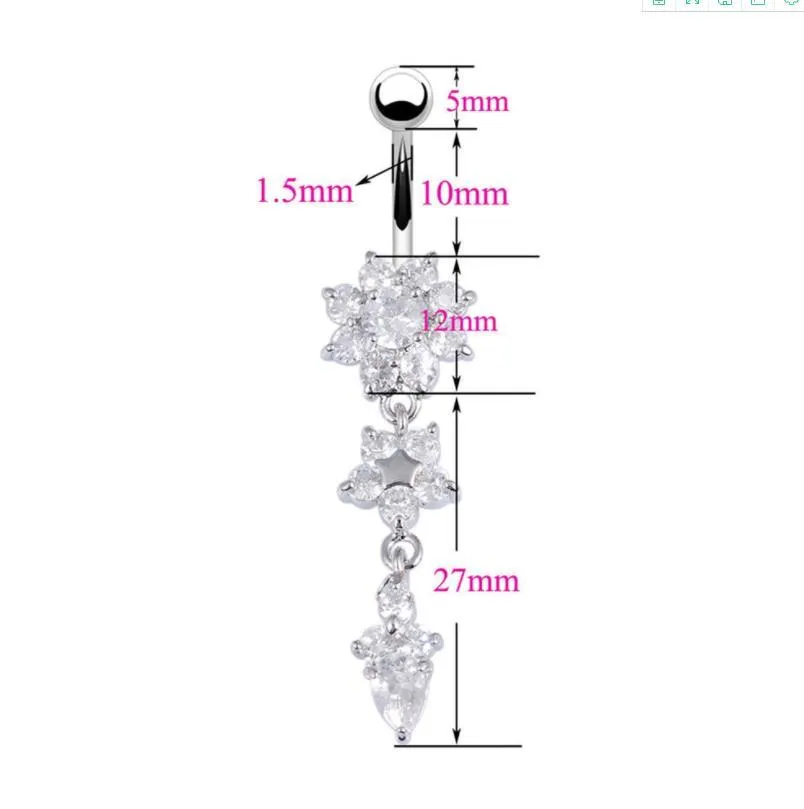 Sexy Dangle Belly Bars Belly Button Rings Belly Piercing Cz Crystal Flower Body Jewelry Navel Piercing Rings Drop Shipping Mya30