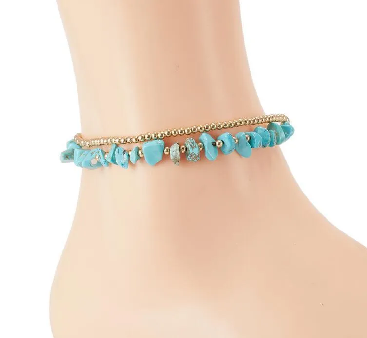 Bohemian Style Natural Gravel Stone Anklet Double-layer Retro Bell Hand Woven Beaded Foot Chain 6 colors