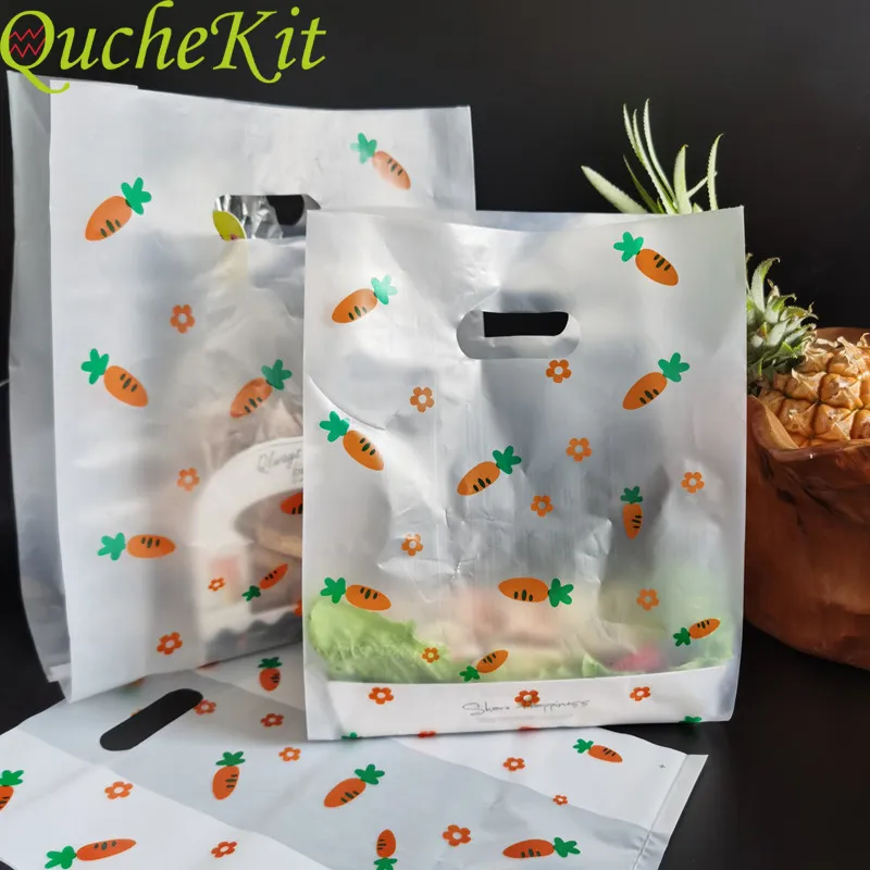 50 Stück süße Karotten-Plastiktüte, Blumen-Einkaufstasche mit Griff, Partybevorzugung, Geschenktüten aus Kunststoff, Backen, Süßigkeiten, Kuchen, Verpackungsbeutel