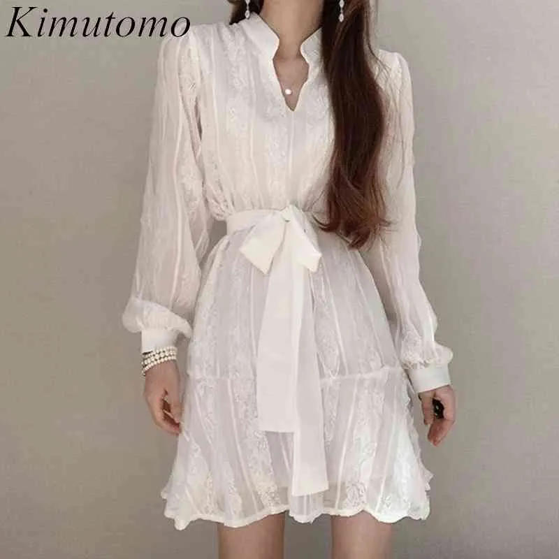 Kimutomo Katı Vintage Elbiseler Kadınlar Zarif Fransız Tarzı Bahar V Yaka Uzun Kollu Ince Bel Vestido Chic Korece 210521