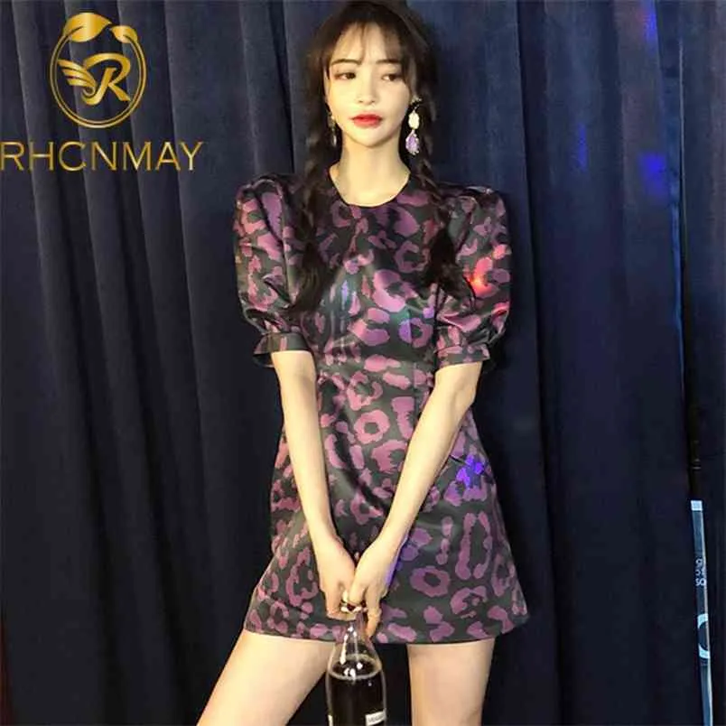 Pattern Korean VersionShort Sleeve Slim Round Neck Collect Waist Fashion Purple Colour Leopard Dress Princess Skirt 210506