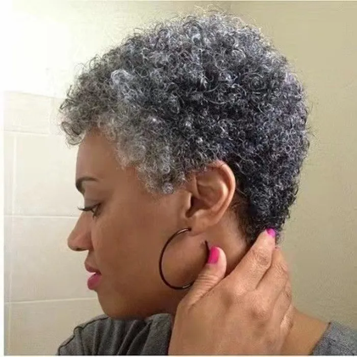 Cute gray human hair ponytail extension salt and pepper natural grey women hairs topper toupee short afro kinky puff hairpiece 100g 120g 10inch hot for sale