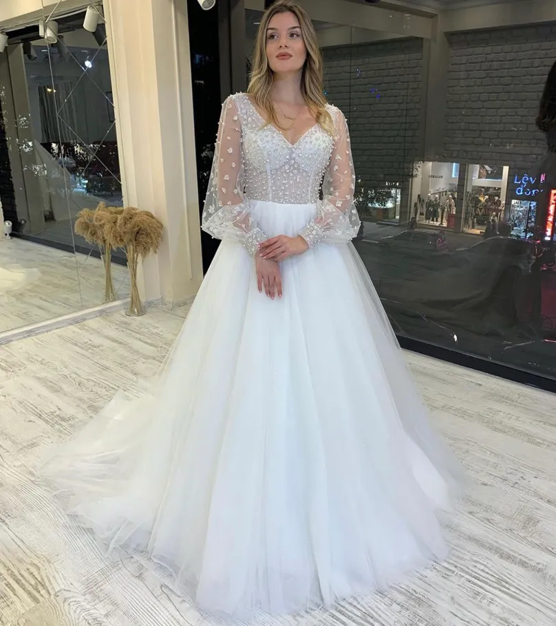 Col V cou manches longues une ligne robe de mariée robe de mariée robes de mariée paillettes balayer Trace-up Tulle Tulle Plus Taille Robes de mariée