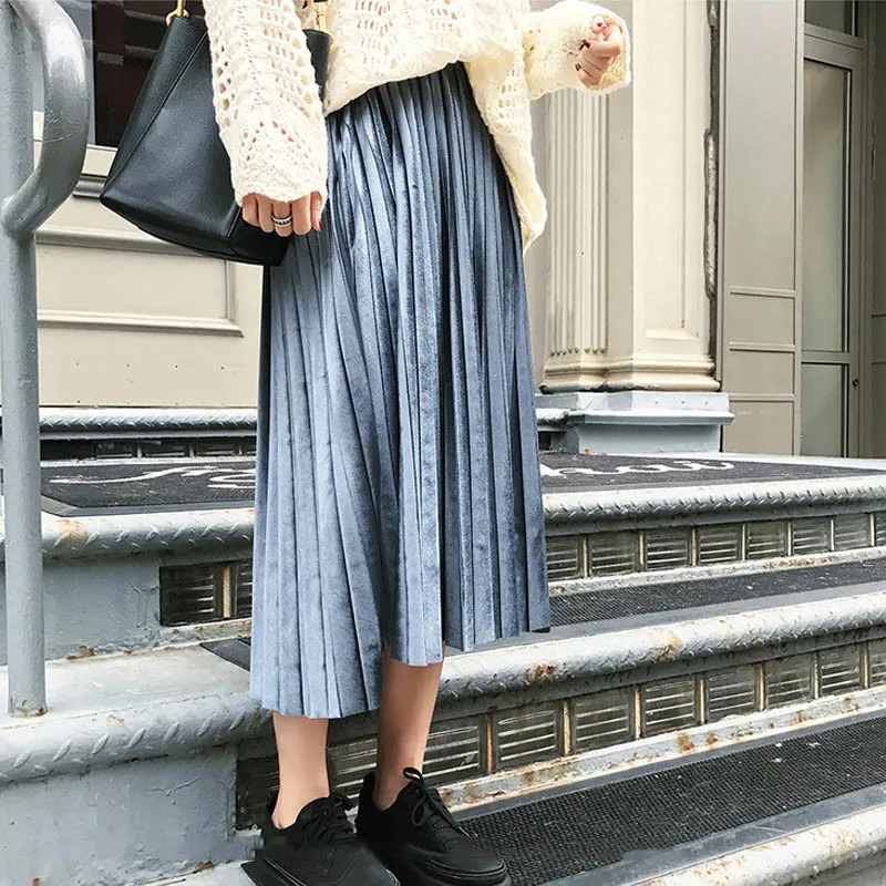 Spring Women Long Metallic Silver Maxi Pleated Skirt Midi Skirt High Waist Elascity Casual Party Skirt 210426