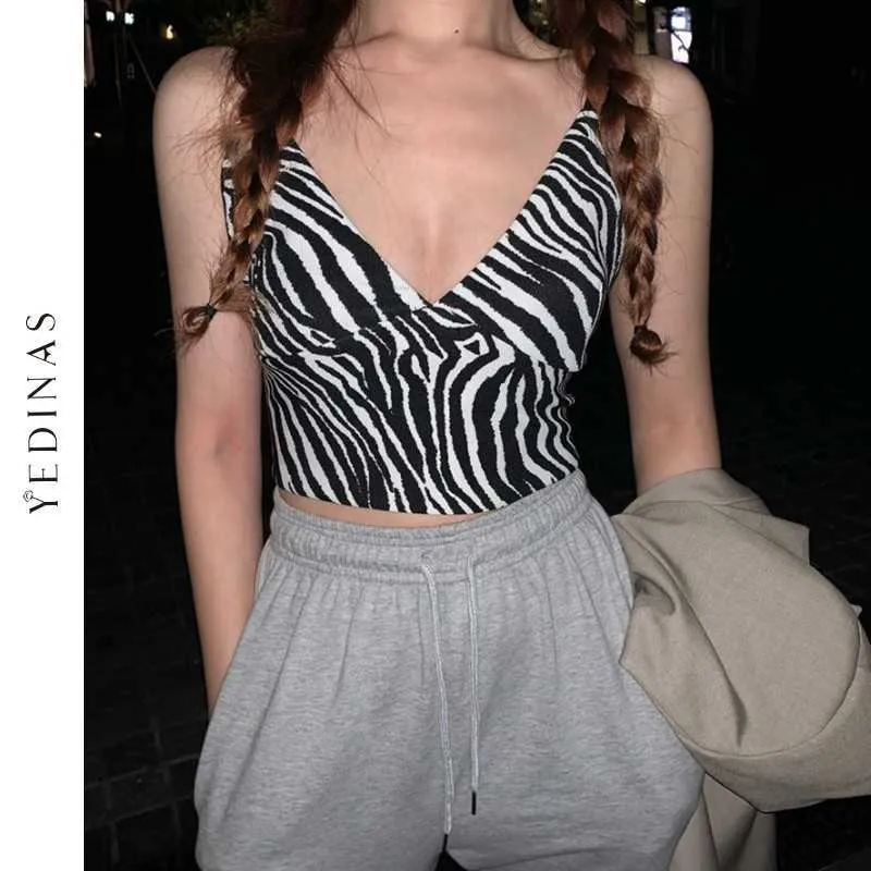 Yedinas Sexy Camis Women V Neck Crop Tank Tops Slim Fit Zebra Stripe Top Skinny Womens Camisole Chic Club Wear Mujer 210527