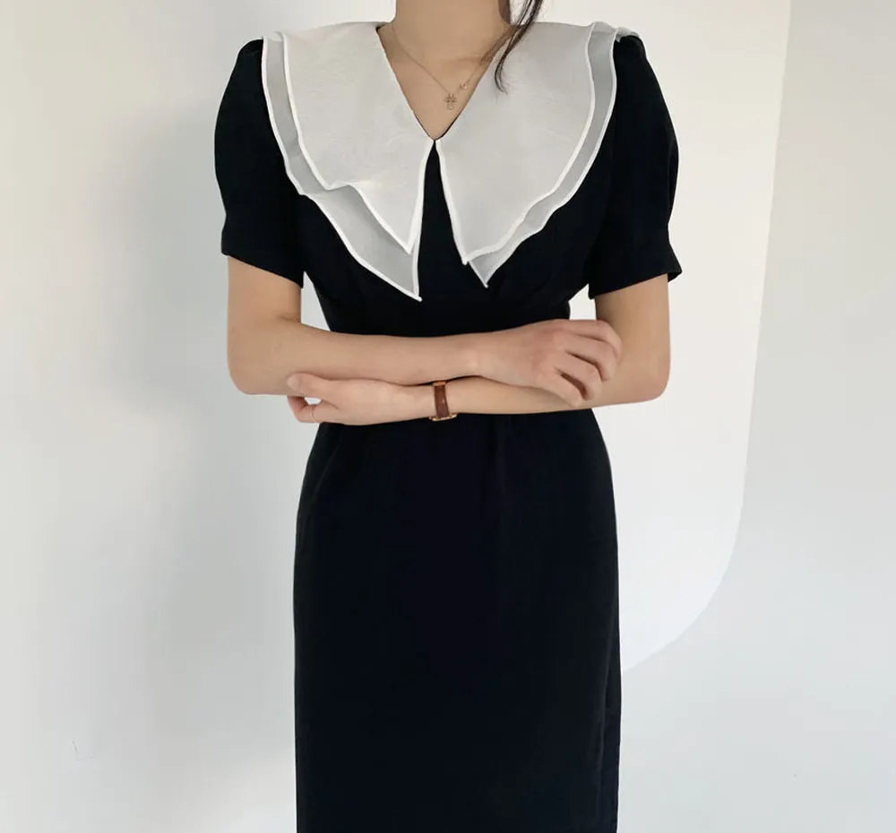 Organza lapela vestido de verão feminino ol elegante vintage manga curta slim escritório festa preta es vestidos 210421