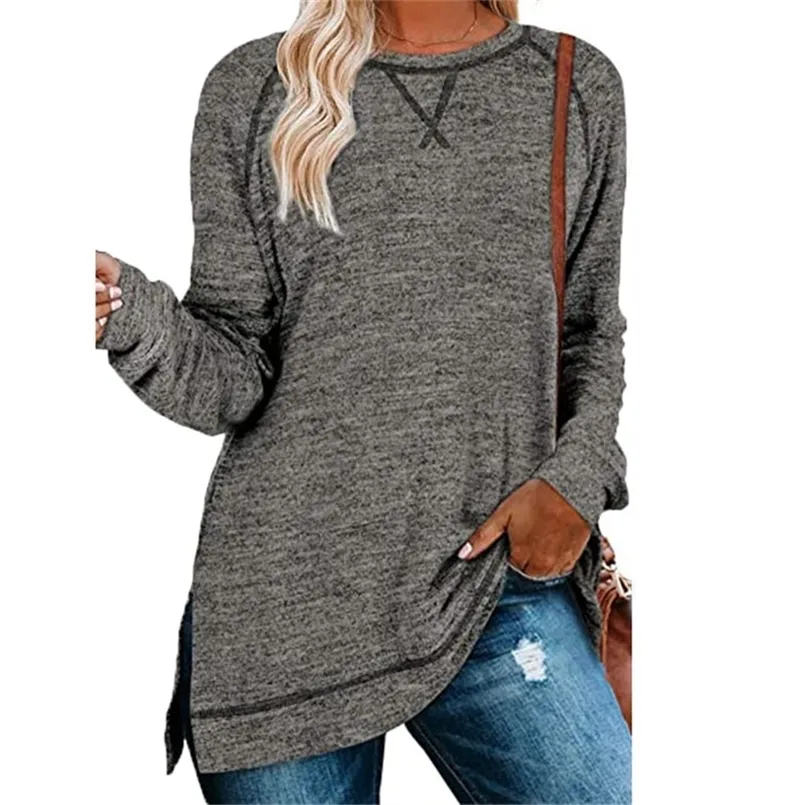 Wiosna Jesień Moda Casual Luźna Tunika Top Odzież O Neck Długi Rękaw Solid Color Bluza Damskie Pulowce Hoodie 210809