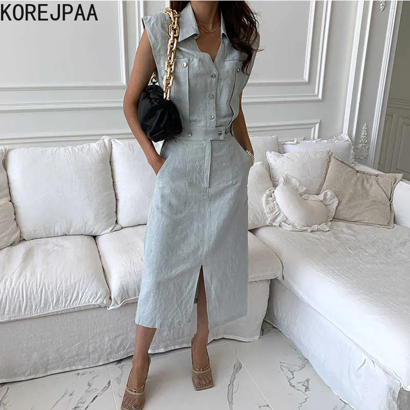 Korejpaaの女性のドレス夏の韓国のエレガントなラペリルのボタンデザインのマルチポケットハイウエストノースリーブスリットベストvestidos 210526