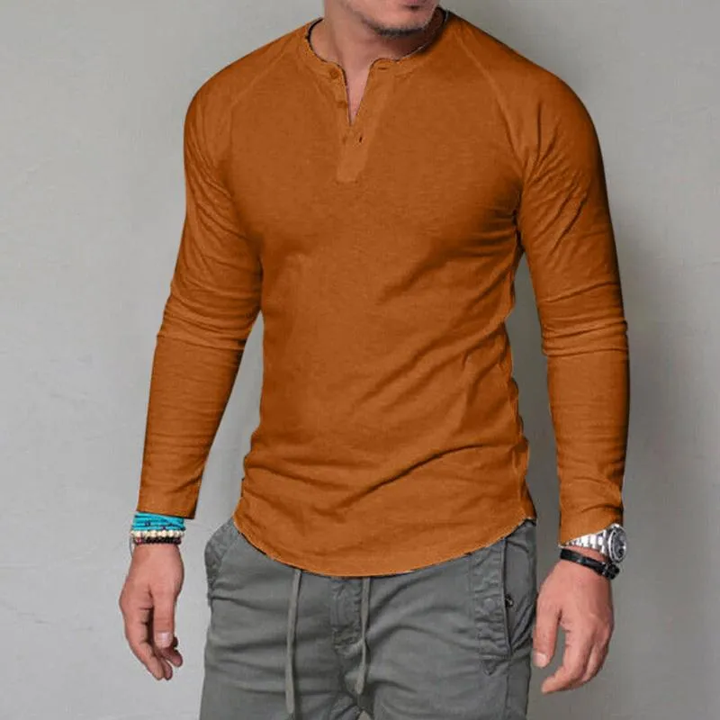 Men's T-Shirts Pullover Button T-shirt Solid Color Casual Round Neck Long Sleeve Tunic Bottom Tops