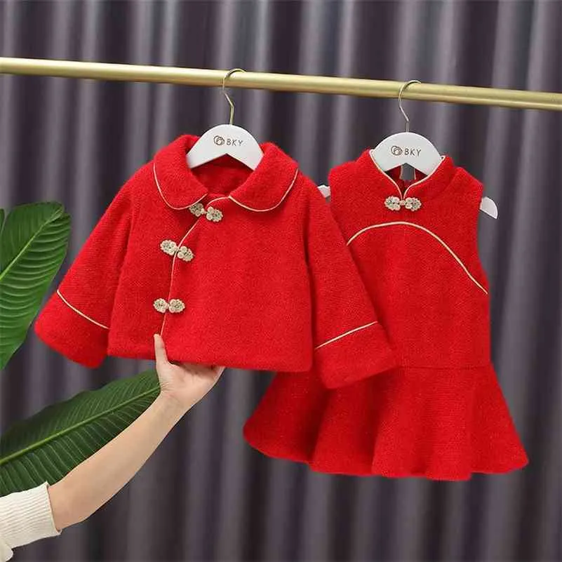 Детские девочки платье китайский красный тан костюмы зима традиционные новогодние одежды одежды малышей утолщение шерстяные теплые жилетное платье + пальто набор 210414