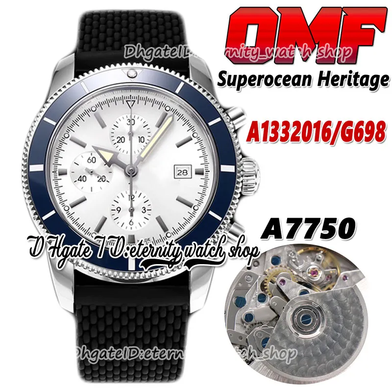 2022 OMF SuperOcean Heritage II A7750 automatisch chronograaf herenhorloge A1332016/G698 witte wijzerplaat roestvrijstalen kast Stick Markers rubberen band eternity horloges
