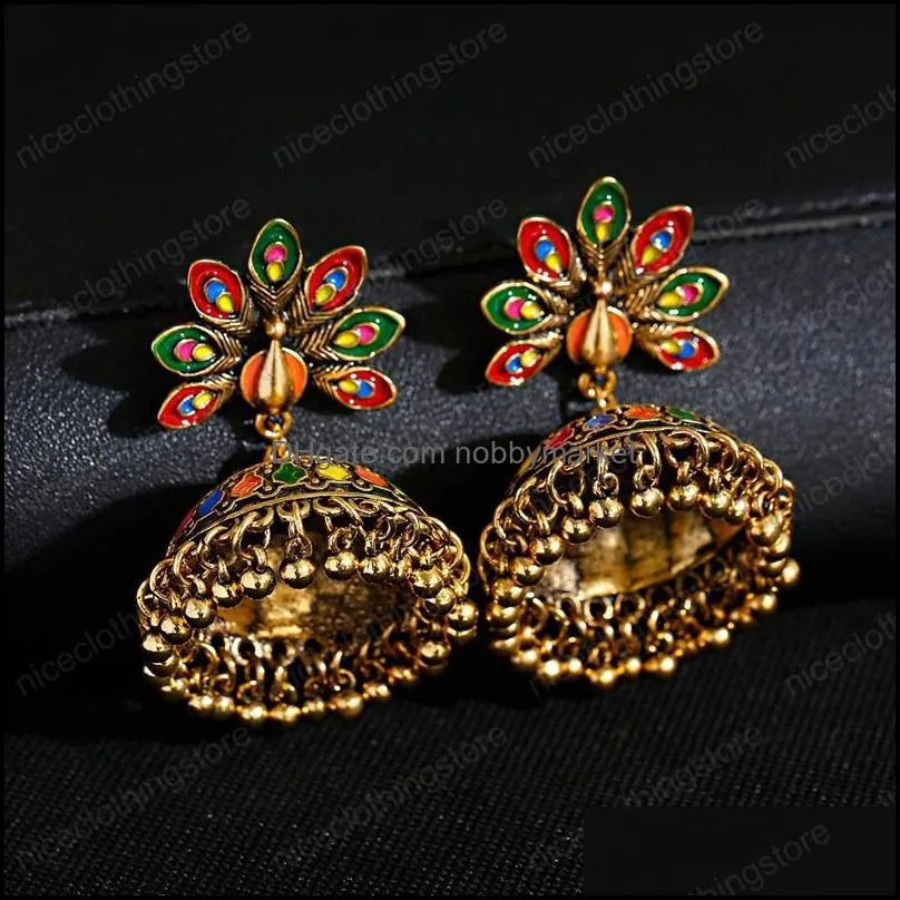 Vintage Antique Indian Peacock Carved Jhumka Jhumki Earrings Women Boho Ethnic Gold Bells Earring Jewelry