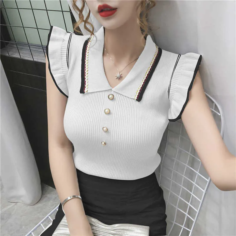 Shintimes sommar mode japan stil smal nedbrytning krage stickad tröja kvinnor vit svart ärmlös ruffles pull femme 210615