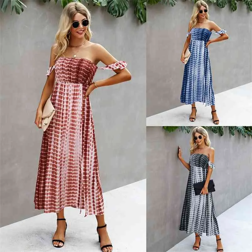 Tie Dye Print Sexy Strapless Vestido de mujer Verano Moda Ruffle Shoulder Strap Sin mangas Slim Bohemia Beach Maxi Sundress 210522