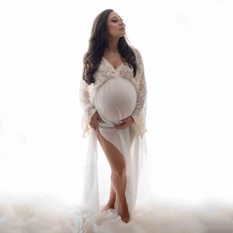 Robe longue de photographie de maternité, style Boho, col en v, pour séance Photo de maternité, en mousseline de soie, été 2020, Q0713