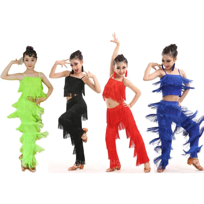 Bühnenkleidung Latin Dance Kleider Ballsaal Fransen Quaste Kleid Hosen Pailletten Salsa Samba Kostüm Kinder Kinder Mädchen Höhe 110 -170 cm230u