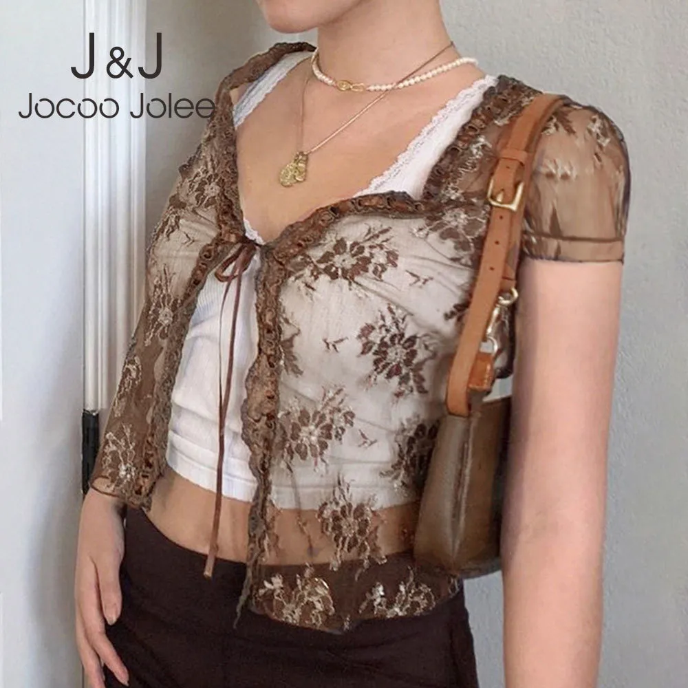 Jocoo Jolee femmes élégant broderie imprimer Cardigan Blouse été à manches courtes à lacets hauts courts Sexy dentelle chemise tunique 210518