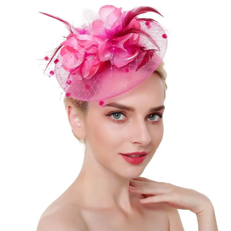 ケチなブリム帽子女性の花の魅力者ハットカクテルメッシュヘアアクセサリーブライダルウェディングエレガントな魅力的なクリップHEA235VV