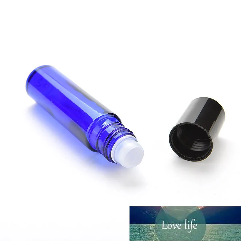 10 ML Blue Glass Bottle Roll On Empty Fragrance Perfume Essential Oil Roll-On Black Mini Sample Plastic Cap Bottles