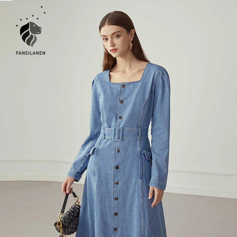 FANSILANEN Vintage otoño invierno largo azul vestido de mezclilla Mujer manga delgada elegante jeans Casual cinturón oficina 210607