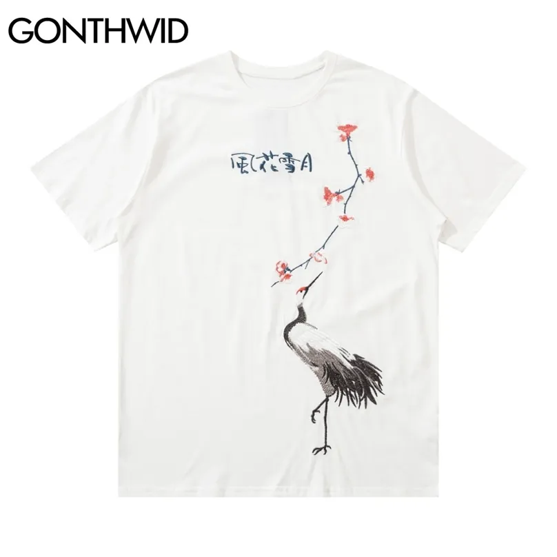 Camisetas Estilo japonês Bordado Crane Cereja Caráteres Chinês T-shirt Crepúsculo Harajuku Hip Hop Tops 210602