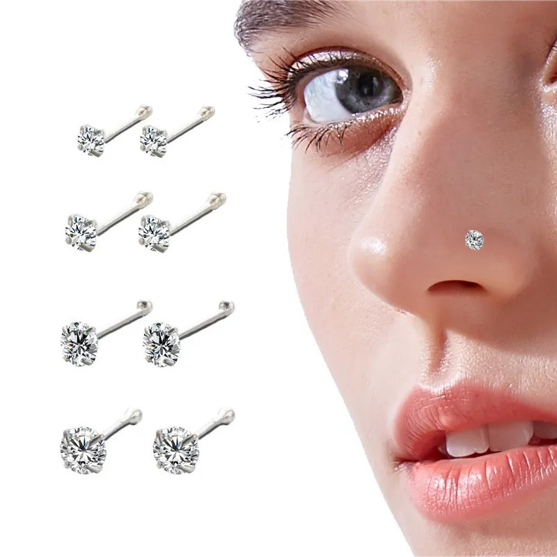 925 Sterling Silver Nose Stud For Woman Round Trend Zircon Nose Ring Body Piercing Jewelry Not Allergic Party Gift 210507