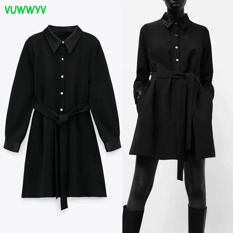 VUWWYV Black Office Shirt Woman Dress Fall Belt Collar Mini African Women Front Buttons Pocket Long Sleeve es 210430