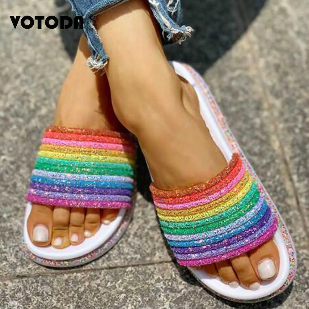 Estate Rainbow Bling Pantofole Donna Paillettes Scarpe Antiscivolo Soft Flats Beach Infradito Home Slipper Ladies Outdoor Sandali Ragazze Y0406