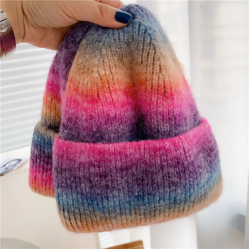 New Ins Rainbow Winter Knitting Beanies Hats For Women Warm Rabbit Fur Hat Female Korea Gradient Tie Dye Striped Ski Hat