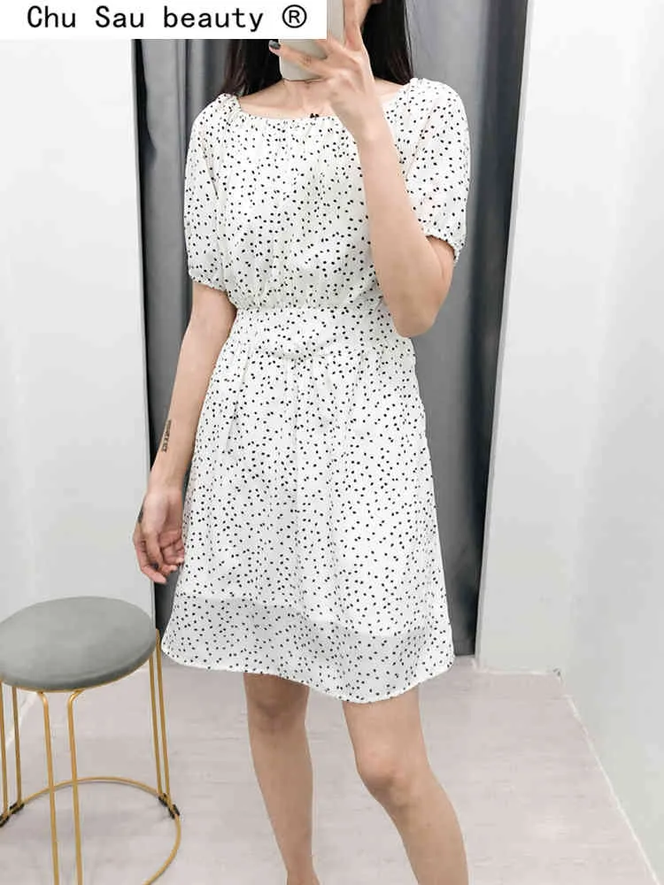 Chu Sau Beautyファッションカジュアルブラックドットプリントシフォンミディドレス女性サマーシックストラップレスクールドレスMujer Vestido 210508