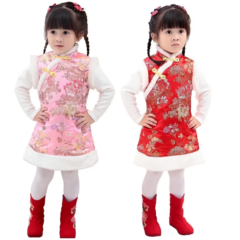 Детские девушки стеганые пальто фестиваля жилет девочка вниз куртка Chi-Pao платья китайские дети Qipao верхняя одежда толстые наряды жилет 210413