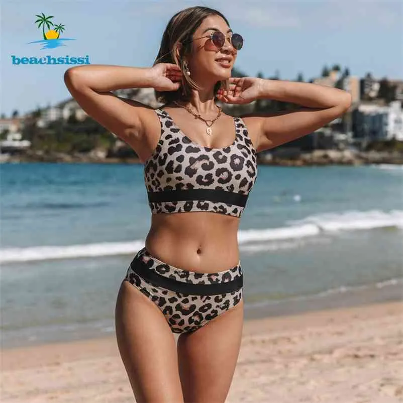 Beachsissi moda cintura alta traje de baño leopardo bikinis traje de baño ropa de playa trajes de baño bikini conjunto vacaciones de verano 210621