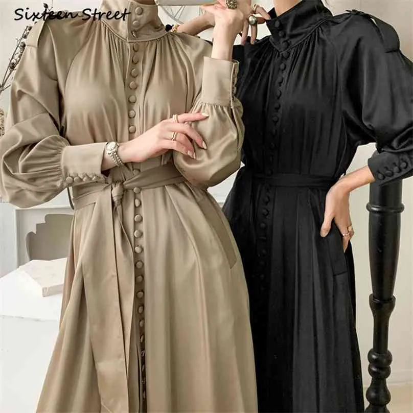 Chic Vintage Woman Dress Femme Lace Up Single-breasted Maxi Vestidos Spring Long-sleeve Elegant Dresses for Clothing Korea 210603