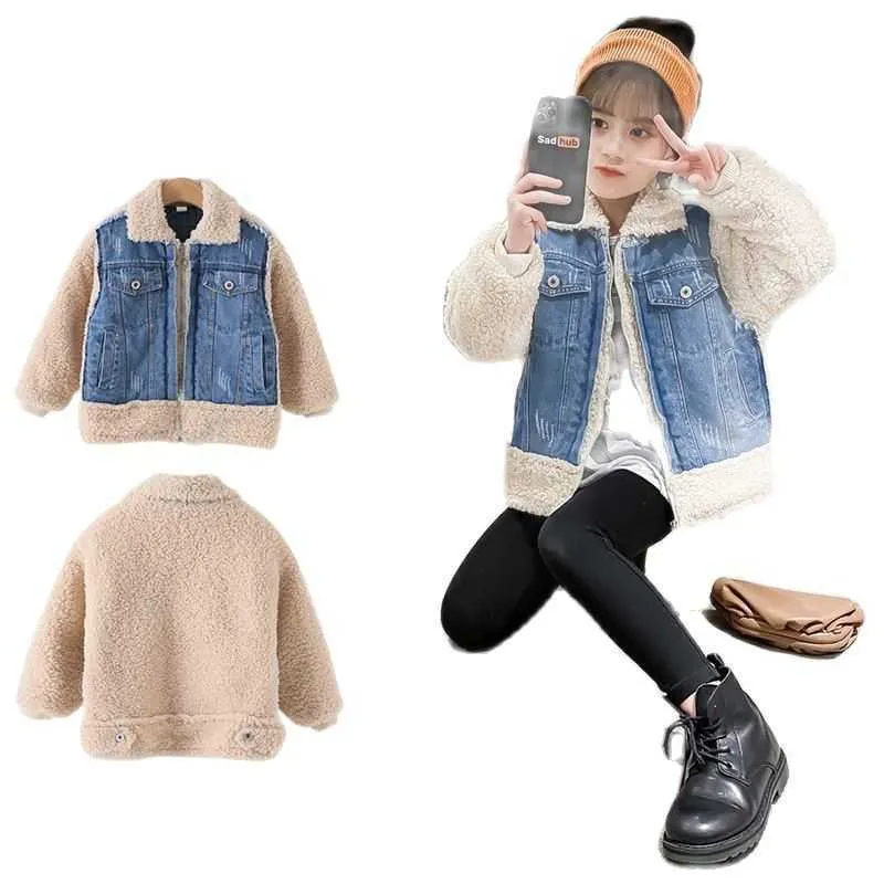 Teenage Girls Chic Patchowrk Lambswool Denim Jacket Children Lapel Long Sleeve Casual Warm Coat Winter Fashion Kid Outerwear Top H0909