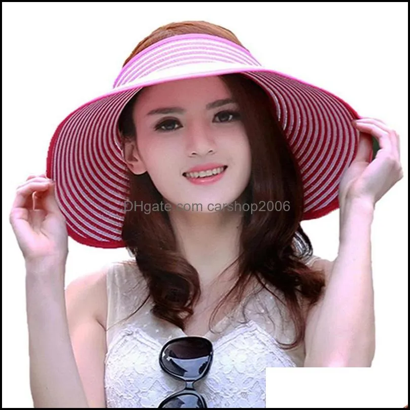 Wide Brim Hats Fashion Women Summer Foldable Open Top Straw Sun Hat Bowknot Back Adjustable Breathable UV-Protection Beach Visor Cap