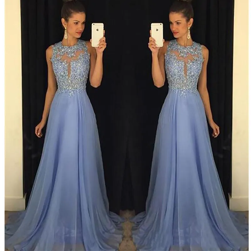 Lavender 2021 Prom Dresses Lace Applique Beads Formal Long Bridesmaid Dresses A Line Crew Neck Zip Back Chiffon Party Gowns