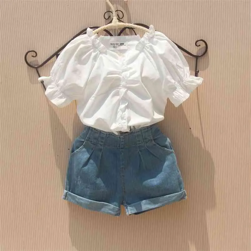 Sommar bomullskjortor för tonårsflickor taro lila puffhylsa blusar mode vit fyrkantig krage skjorta kläder 10 12 y 210622