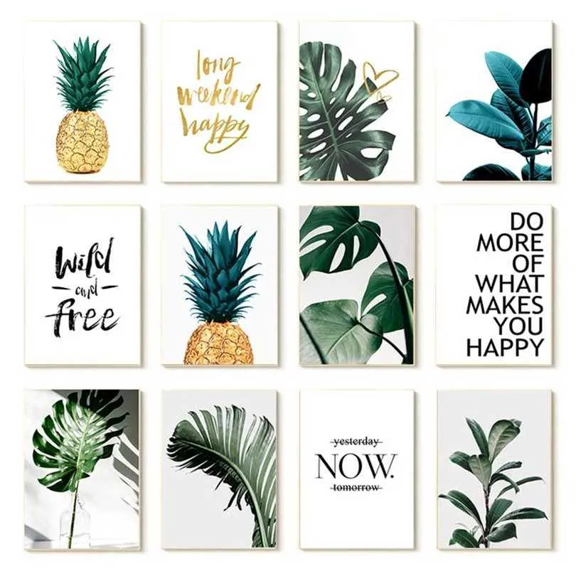 Nordic Gold Ananas Feuilles vertes Toile Peinture Mur Art Lettres Citations Affiches et impressions Plantes Photos pour salon 211222